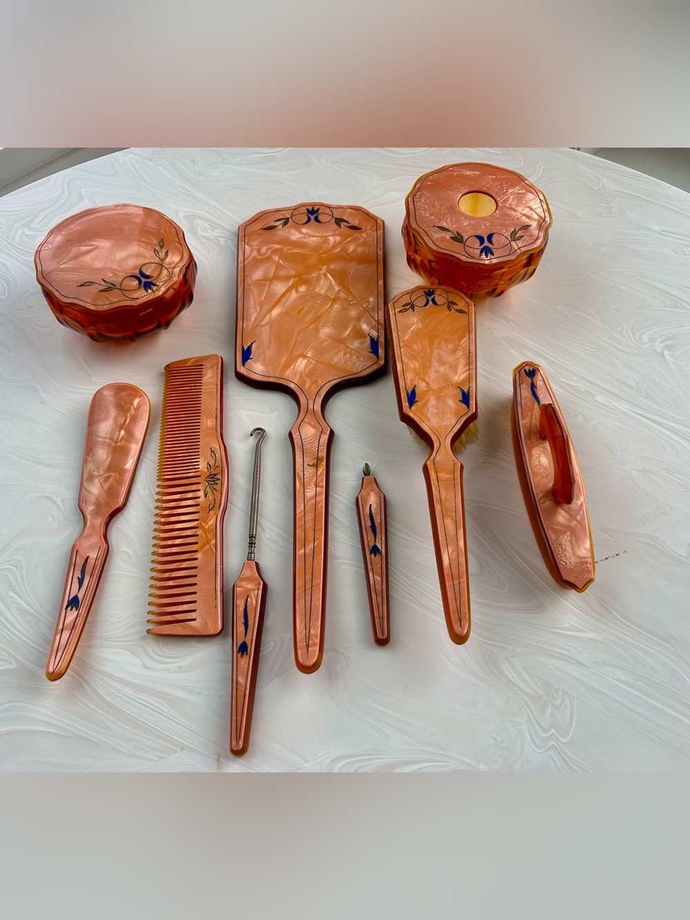 Antique DuPont Pyralin amber & pink swirl Art deco Cellulite Bakelite vanity set